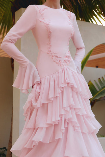 Tiered Ruffle Gown with Flared Cuffs
