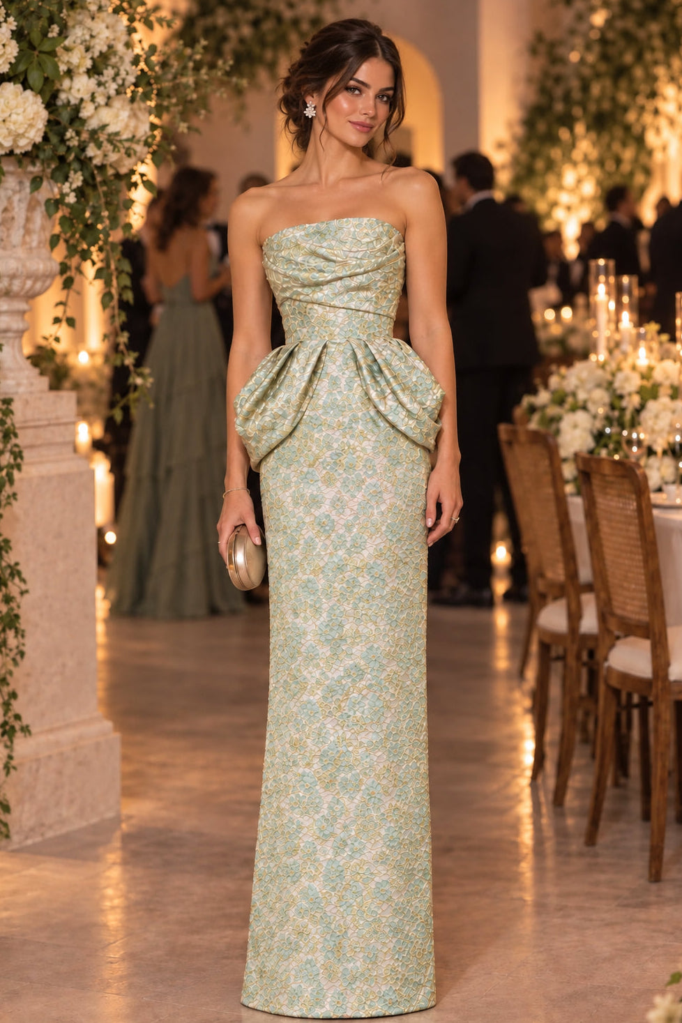 Strapless Jacquard Column Gown with Draped Waist