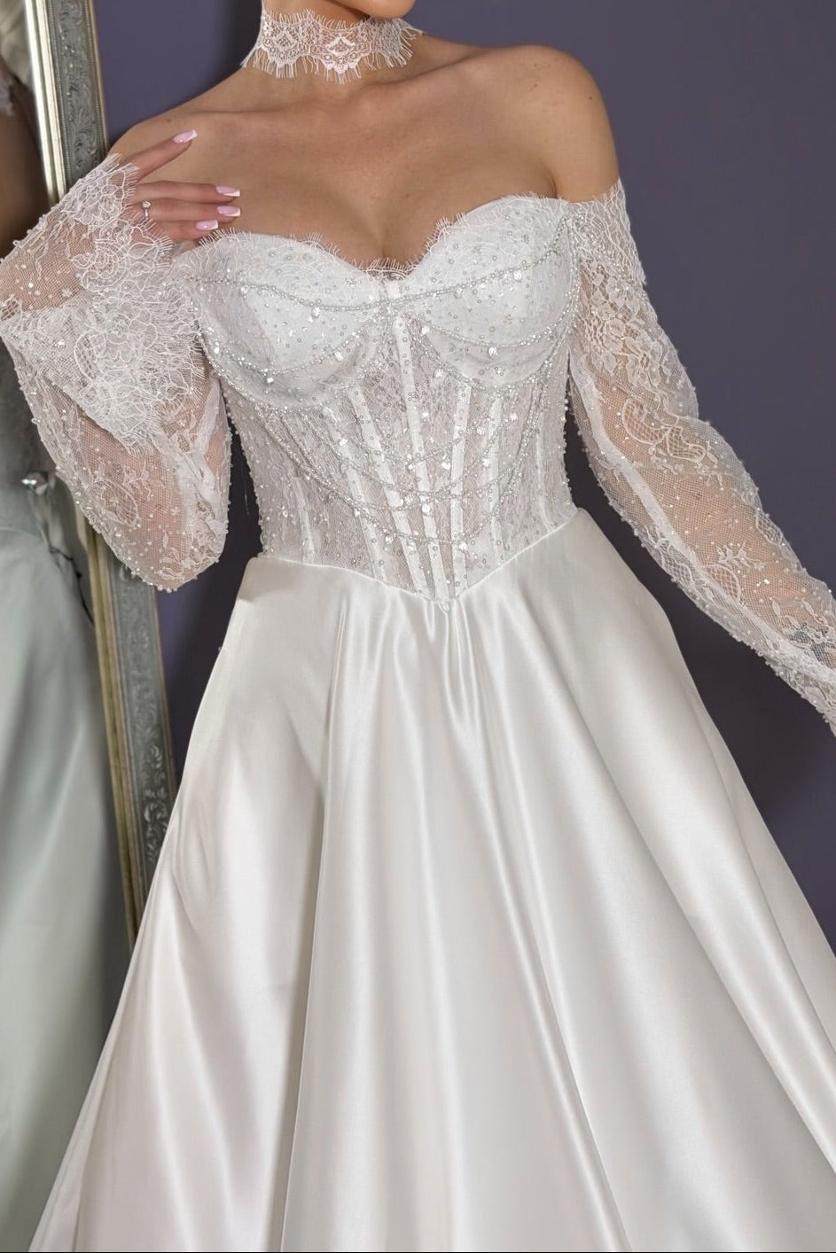 Off-the-Shoulder Lace Corset Satin Ball Gown