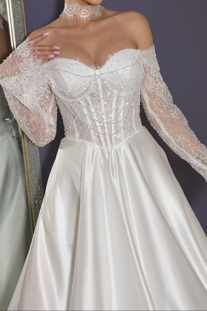 Off-the-Shoulder Lace Corset Satin Ball Gown