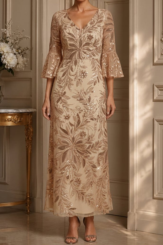 Floral Sequin V-Neck Dress with Bell Sleeves