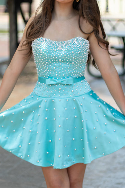 Strapless Sweetheart Pearl Embellished A-Line Mini Dress