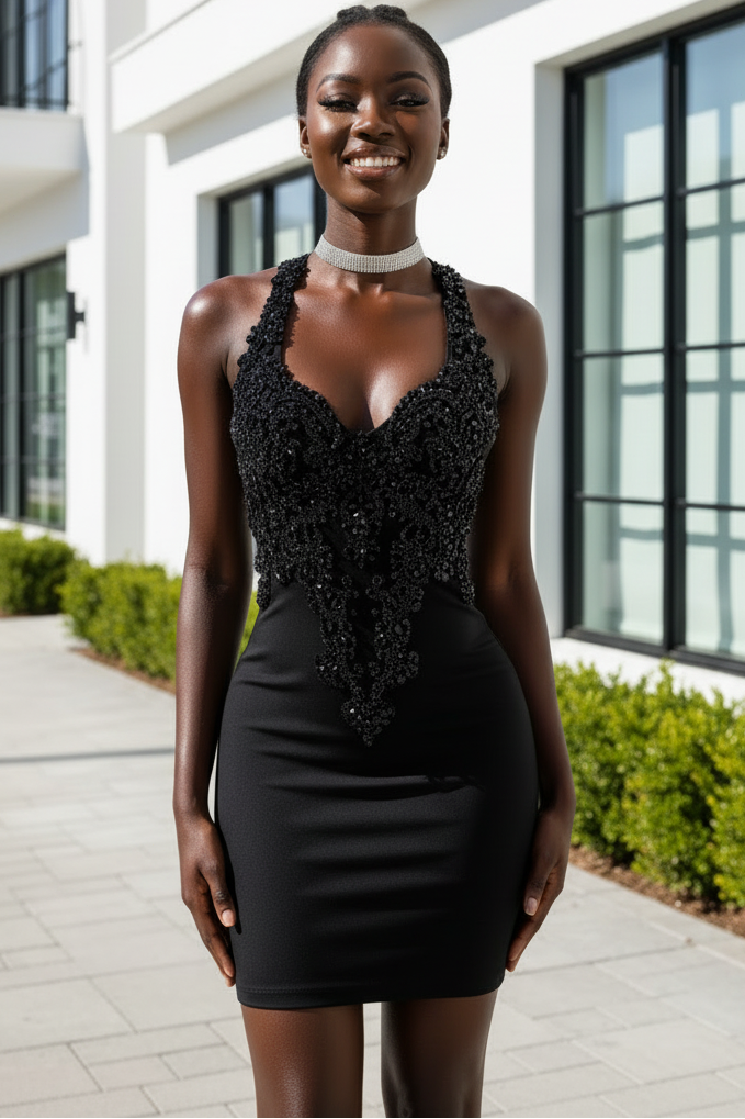 Beaded Halter Neck Lace-Up Back Mini Dress