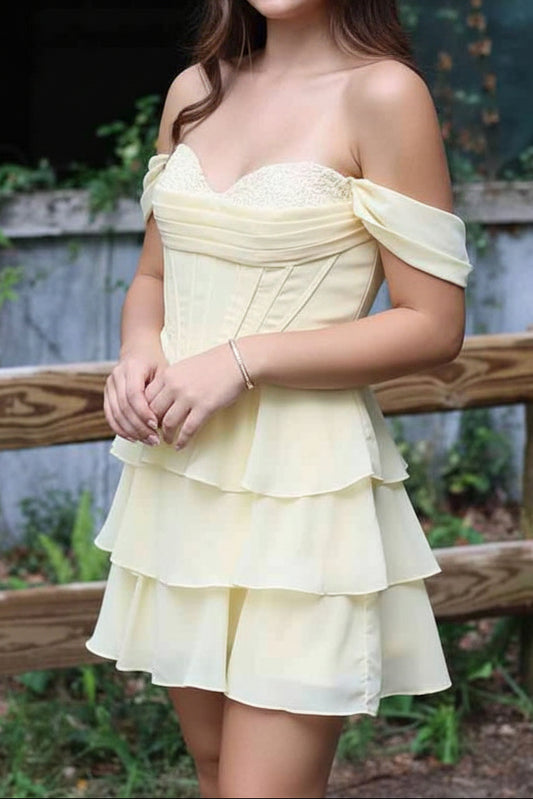 Off Shoulder Corset Tiered Mini Dress