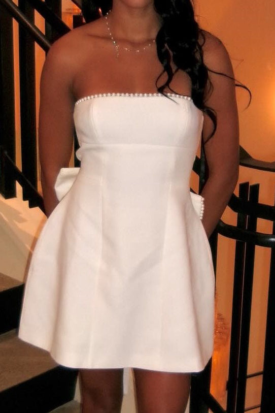 Strapless Pearl Trim Mini Dress with Statement Bow