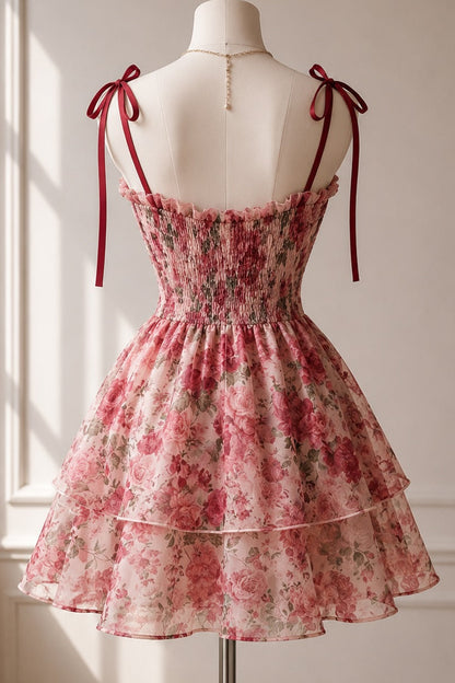 Floral Print Tie-Strap Corset Mini Dress with Tiered Skirt