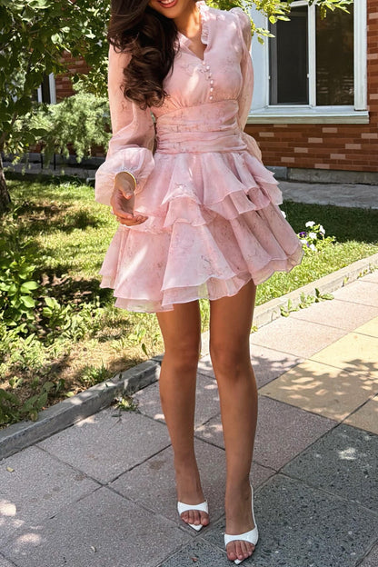 Floral Chiffon Long Sleeve Tiered Mini Dress
