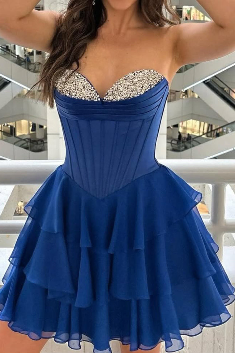 Strapless Sweetheart Rhinestone Corset Tiered Mini Dress