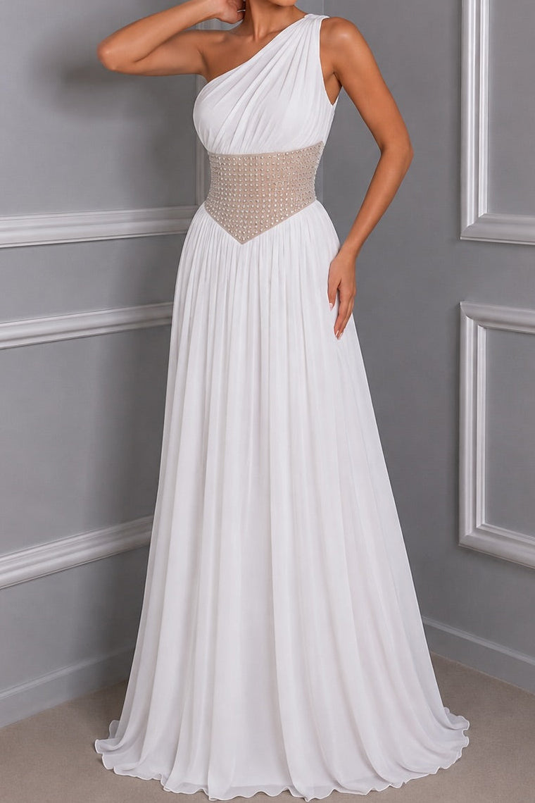 One-Shoulder A-Line Gown with Beaded Waistband