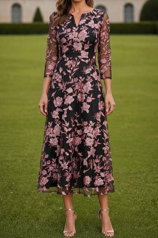 Floral Embroidered Midi Dress with 3/4 Sleeves