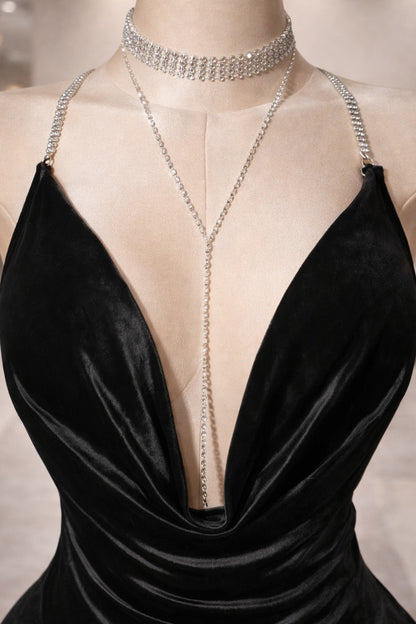 Velvet Cowl Neck Mini Dress with Chain Straps