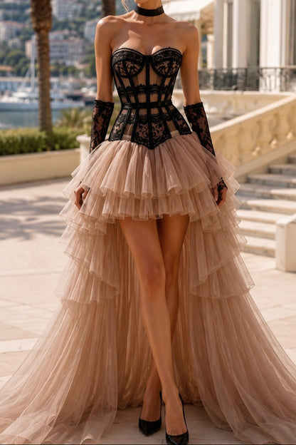 Lace Corset High-Low Tiered Tulle Gown