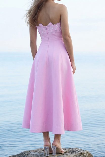 Strapless Scalloped Floral Tea-Length Dress