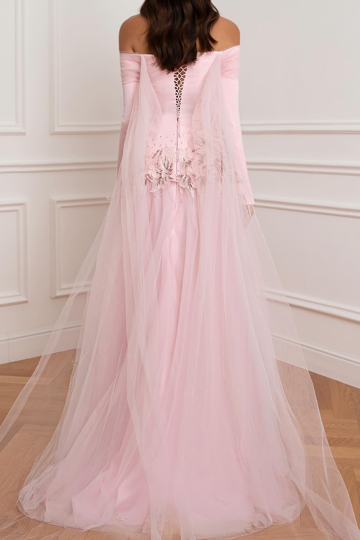 Off-the-Shoulder Tulle Gown with Floral Appliques
