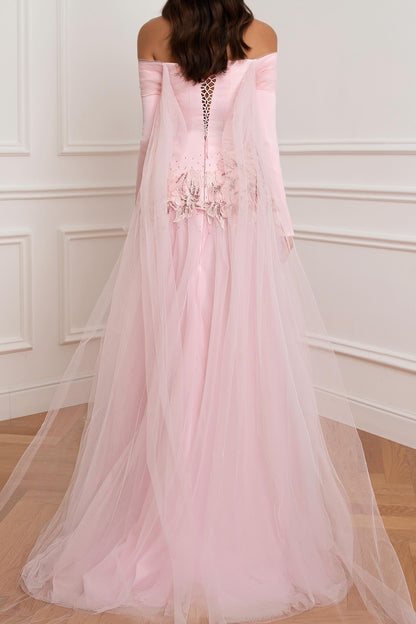 Off-the-Shoulder Tulle Gown with Floral Appliques