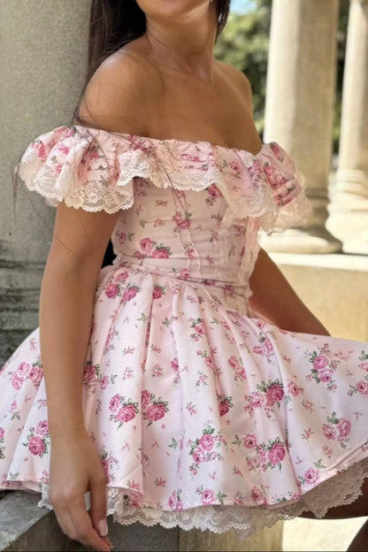 Romantic Floral Corset Off-the-Shoulder Mini Dress