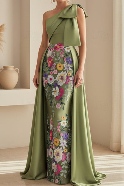 One Shoulder Bow Satin Gown with Floral Embroidered Skirt
