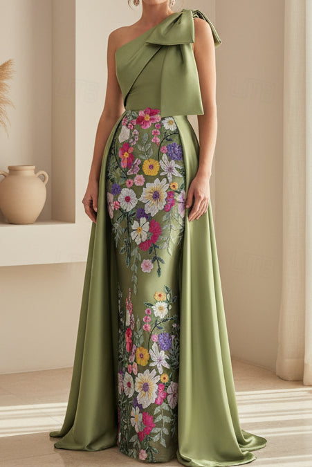 One Shoulder Bow Satin Gown with Floral Embroidered Skirt