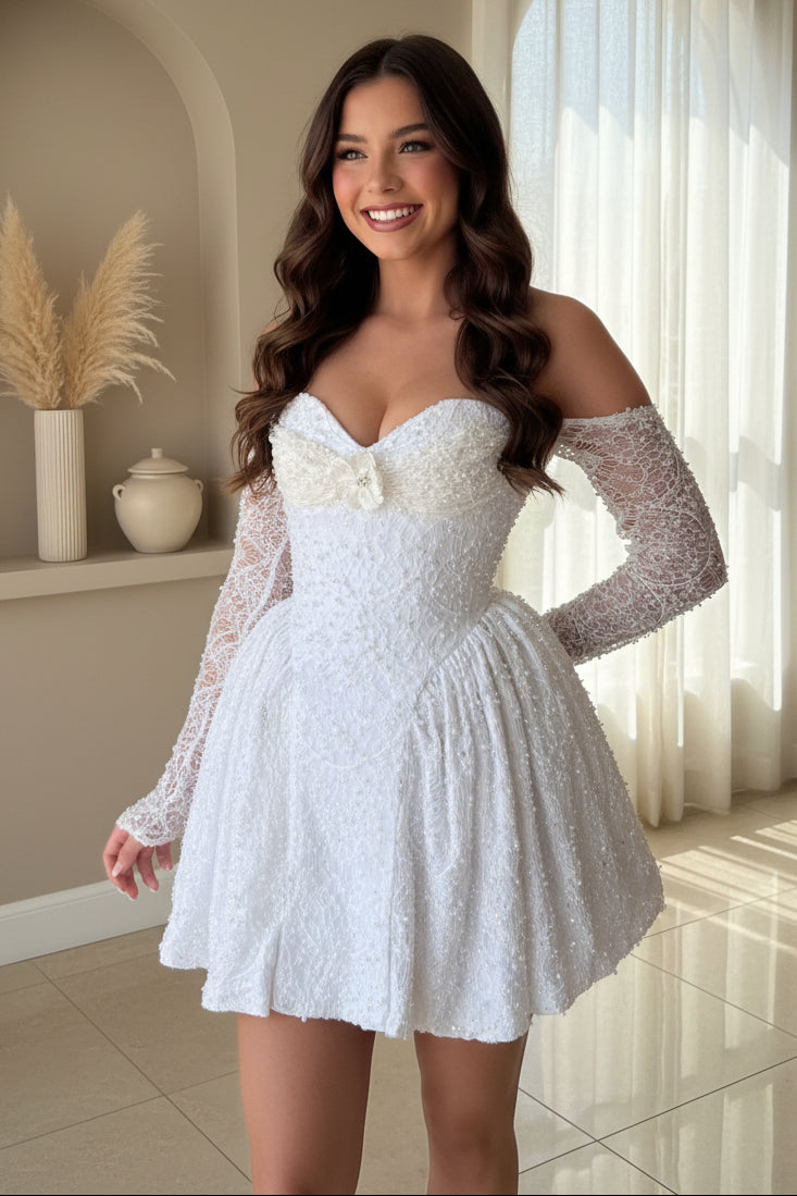 Off-the-Shoulder Pearl Beaded Lace Mini Dress