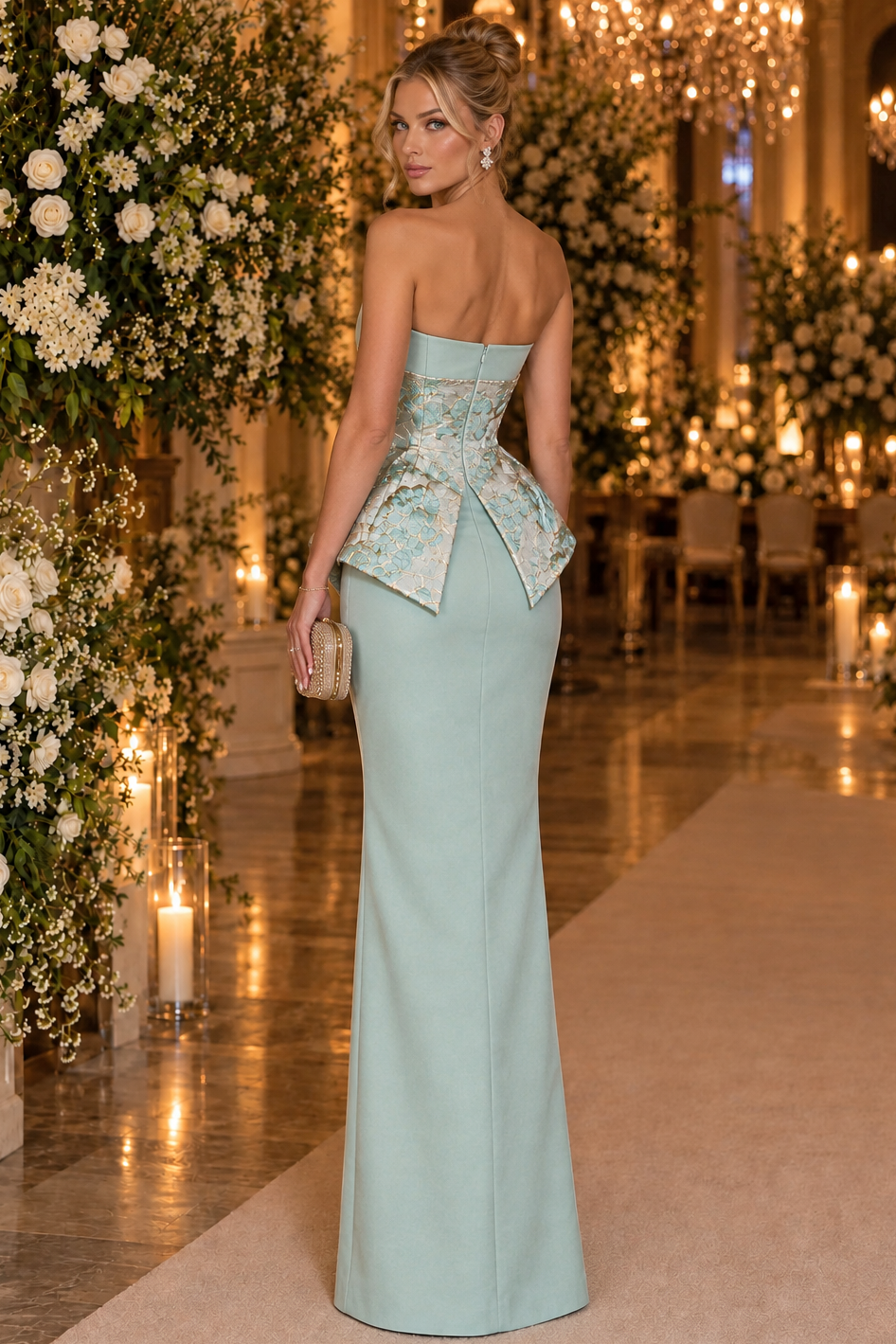 Strapless Column Gown with Jacquard Peplum Corset
