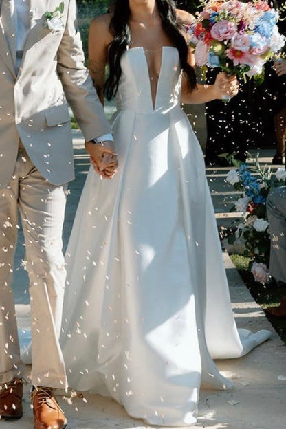 Strapless Deep V Plunge Satin A-Line Wedding Dress