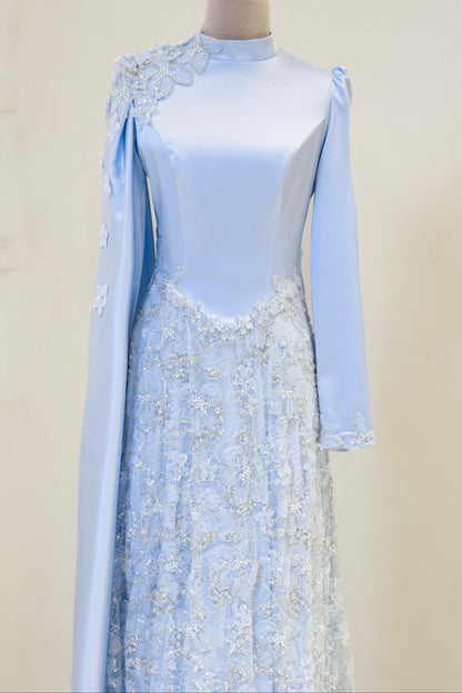 High-Neck Long-Sleeve Evening Gown with Floral Cape