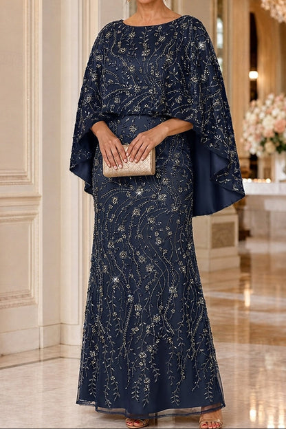Beaded Cape Overlay Evening Gown