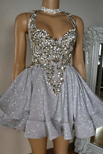 Glitter Halter Neck Beaded Homecoming Dress