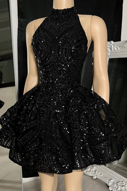 High-Neck Sequined Tiered A-Line Mini Dress