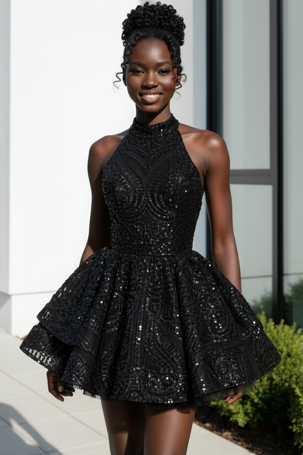 High-Neck Sequined Tiered A-Line Mini Dress