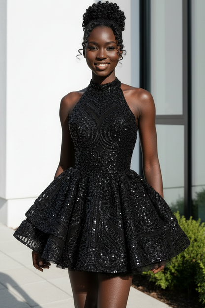 High-Neck Sequined Tiered A-Line Mini Dress