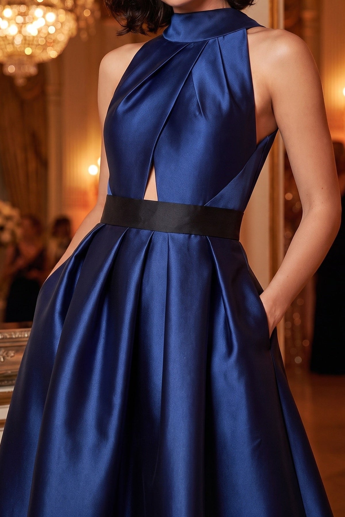 High-Neck Cutout High-Low Satin Evening Dress