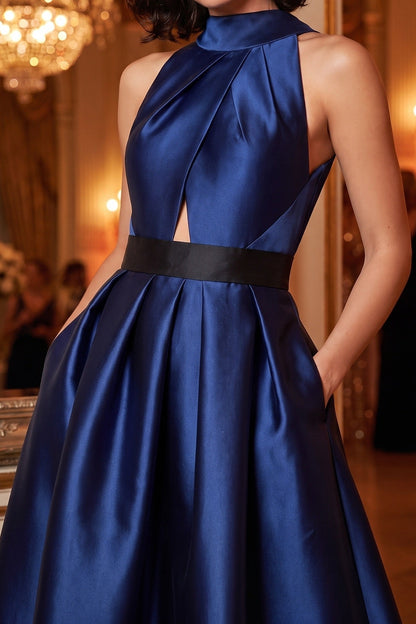 High-Neck Cutout High-Low Satin Evening Dress