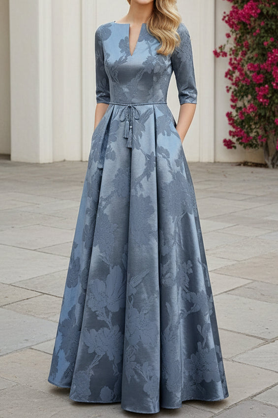 Floral Jacquard A-Line Evening Gown with Tie-Waist Belt