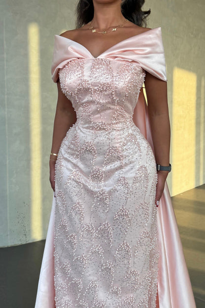 Beaded Column Gown with Draped Satin Train