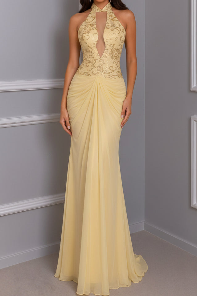 Halter Keyhole Bodice Embroidered Ruched Gown