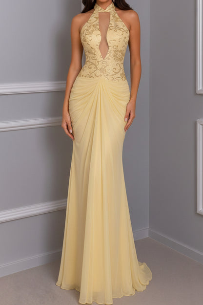 Halter Keyhole Bodice Embroidered Ruched Gown