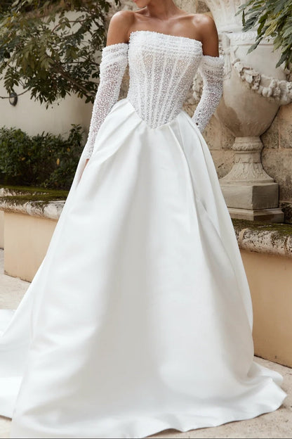 Off-the-Shoulder Pearl Corset Ball Gown Wedding Dress