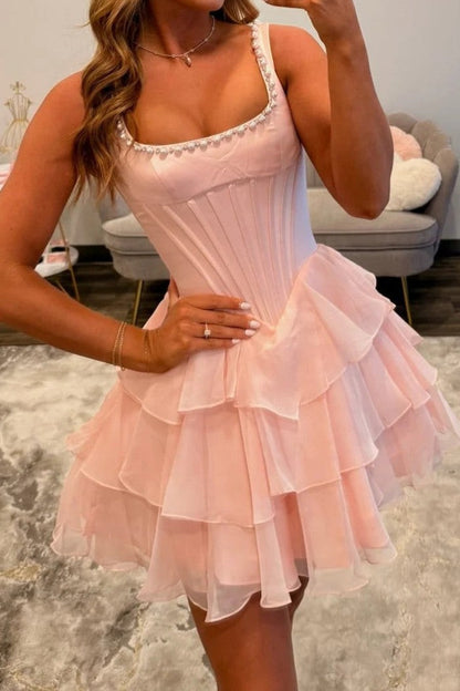 Tiered Ruffle Corset Mini Dress with Pearl Straps