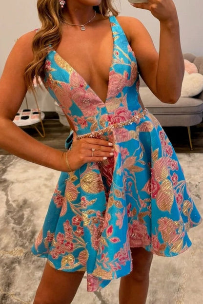 Floral Jacquard Deep V-Neck A-Line Dress