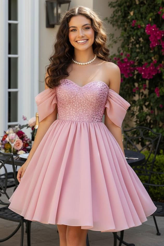 Beaded Sweetheart Mini Dress with Off-Shoulder Drapes