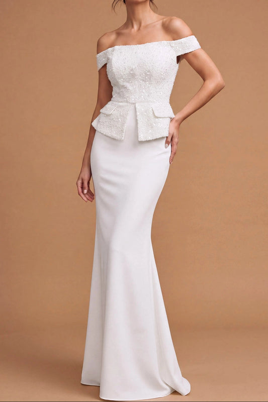 Off-Shoulder Sequin Peplum Column Evening Gown