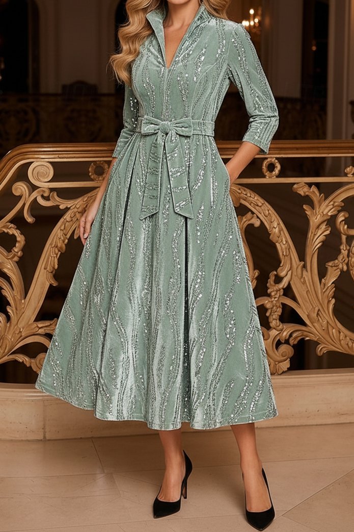 Sequin Velvet Midi Dress with Collar and Belt