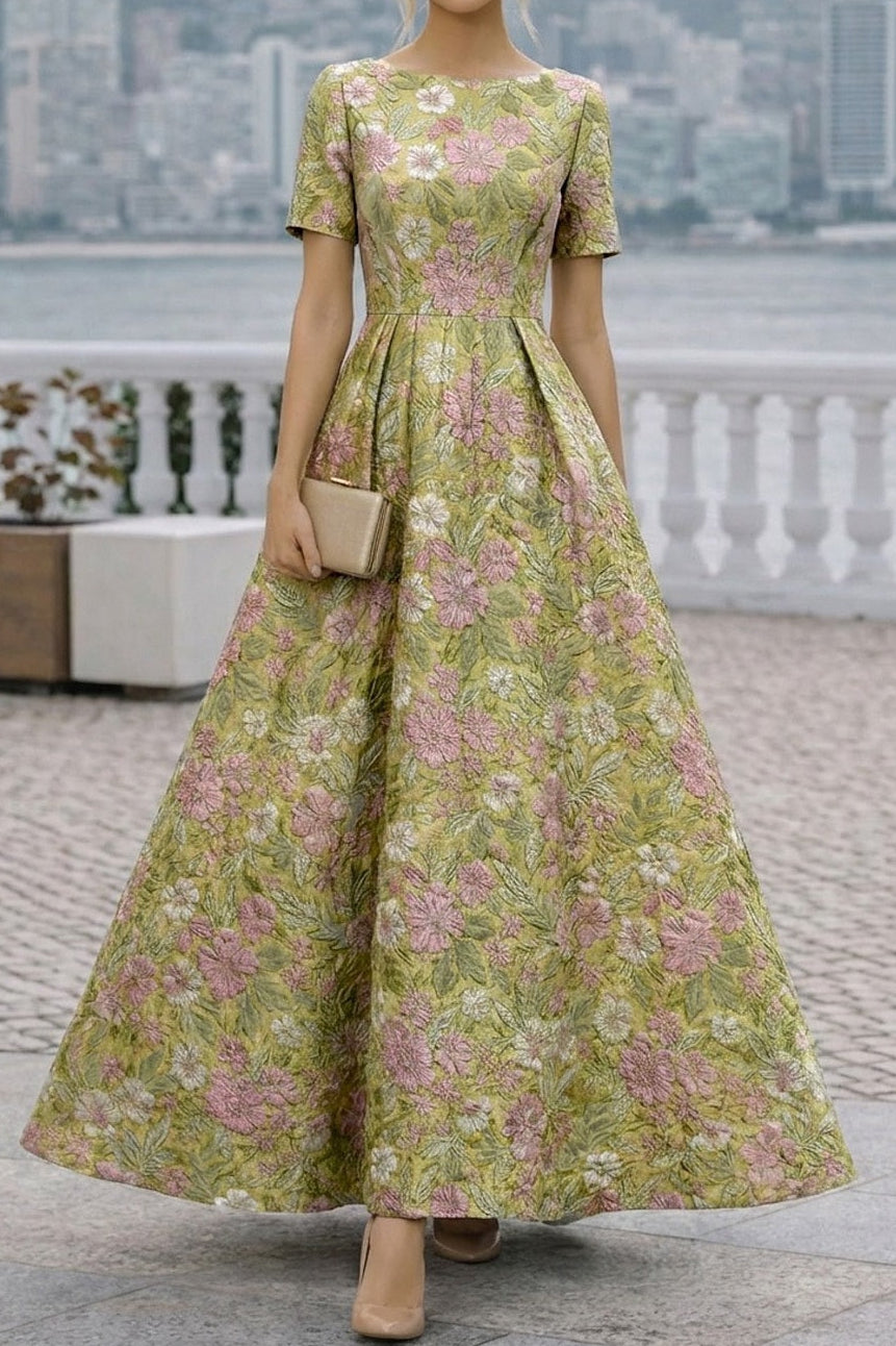 Floral Jacquard Bateau Neck A-Line Formal Dress