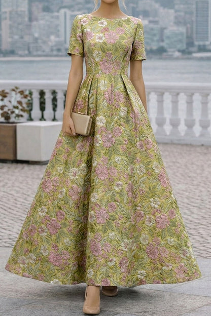 Floral Jacquard Bateau Neck A-Line Formal Dress