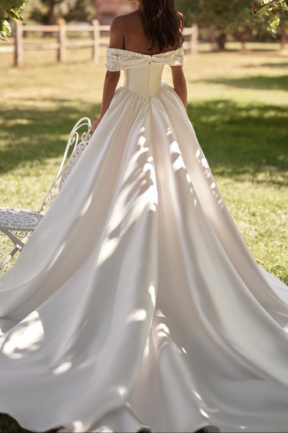 Off-the-Shoulder Basq-Waist Satin Ball Gown