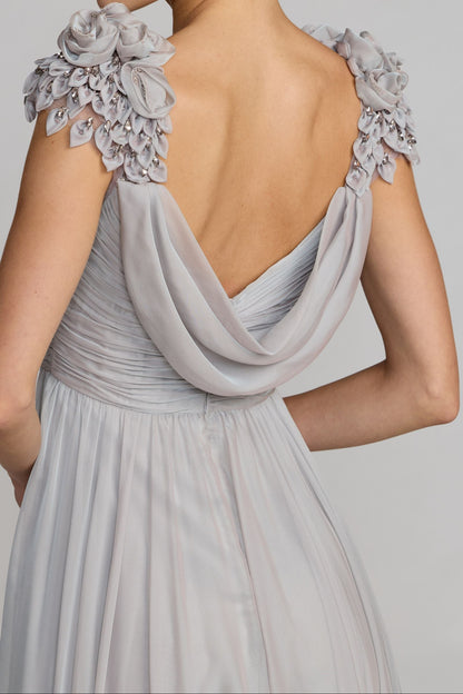Cowl Neck Chiffon Empire Gown with 3D Floral Shoulders