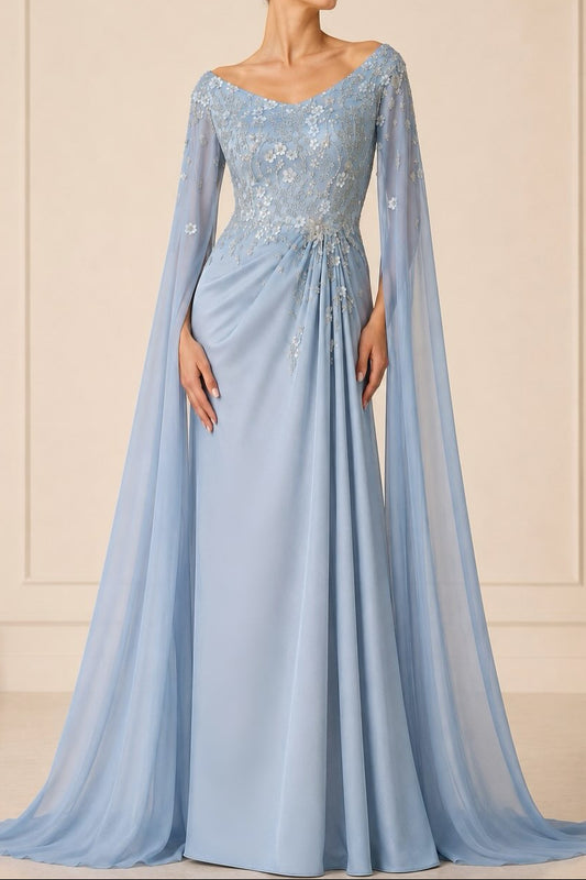 Off-the-Shoulder Cape Sleeve Lace Applique Evening Gown