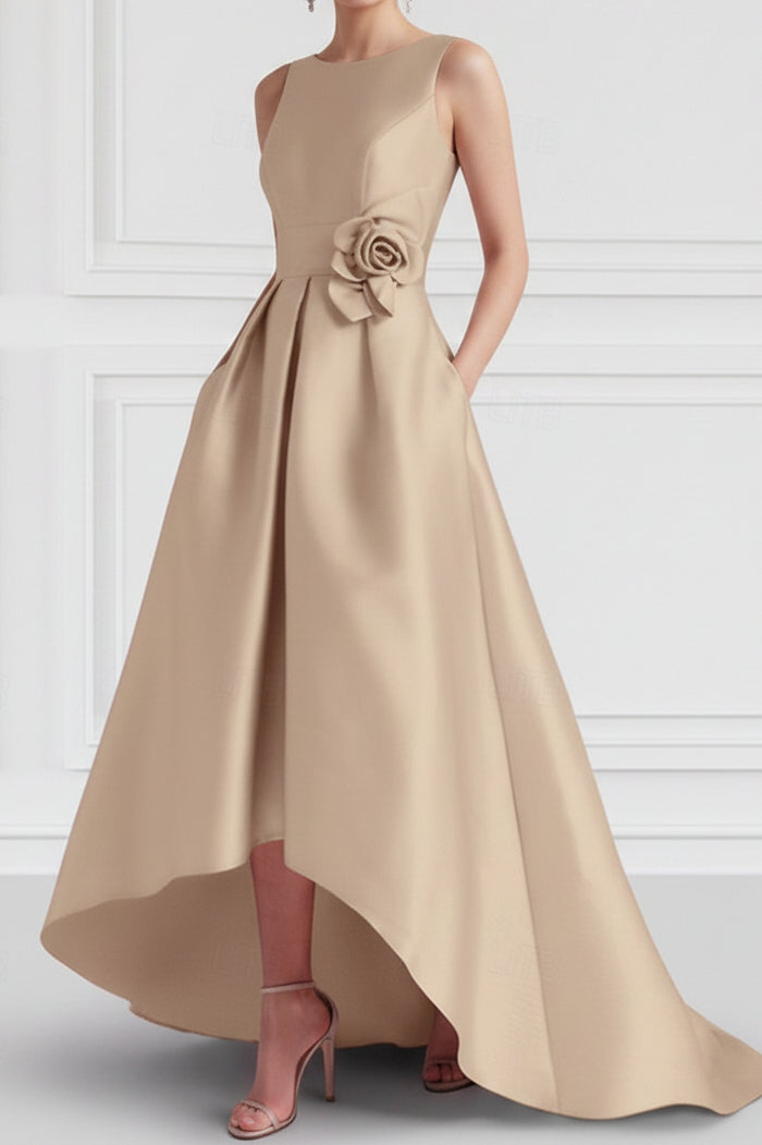 High-Low Satin Gown with Pockets and Waist Flower Detail