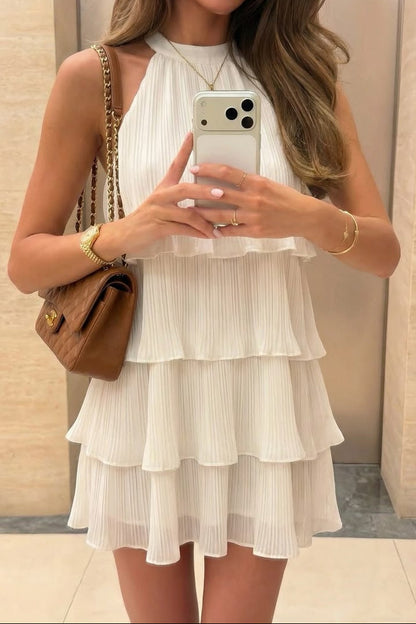 Pleated Tiered Halter Neck Mini Dress